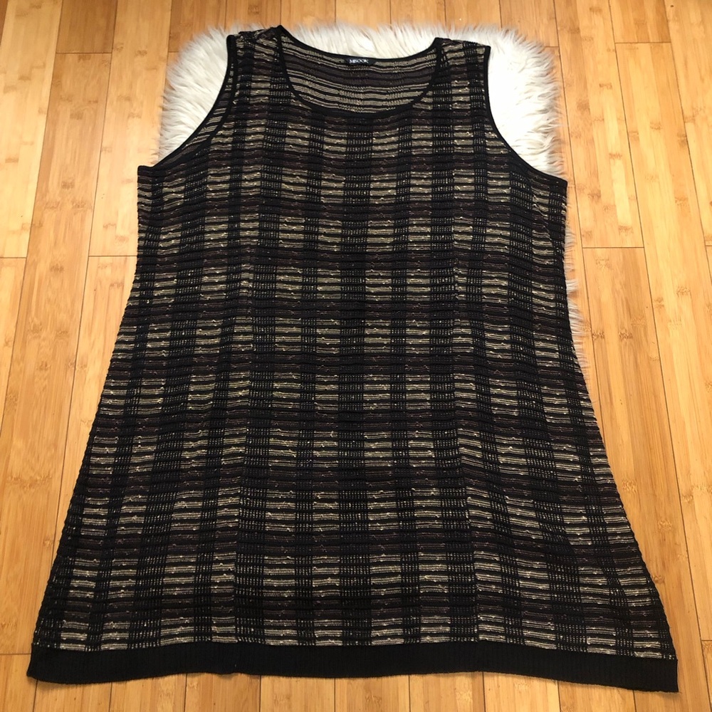 Misook Plaid Textured Metallic Sleeveless Black Tan Brown Knit Mini Dress 3X
